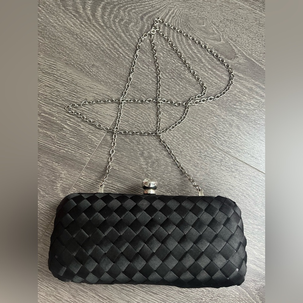 Chic Black Woven Clutch with Silver Chain
